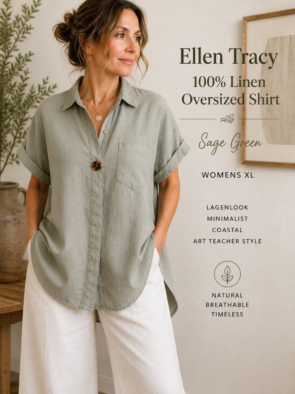 Ellen Tracy Womens Sz XL 100% Linen Oversized Shirt Sage Lagenlook High Low